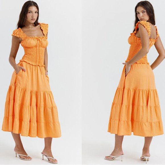 House of CB 'Phedra' Tangerine Shirred Maxi Sundress NWOT - Picture 4 of 10
